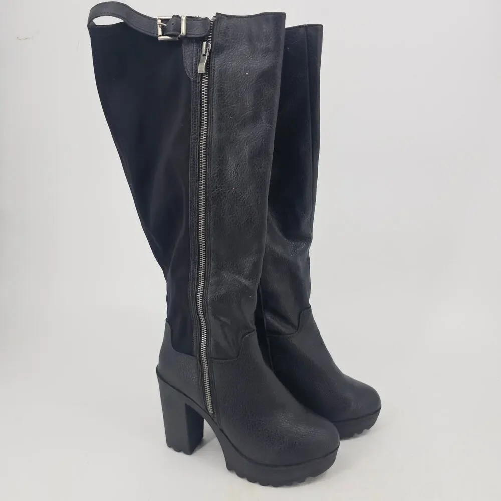 Torrid Black Vegan Leather Tall Knee Chunky Heeled Boot Stretchy Calf Womens 8 W